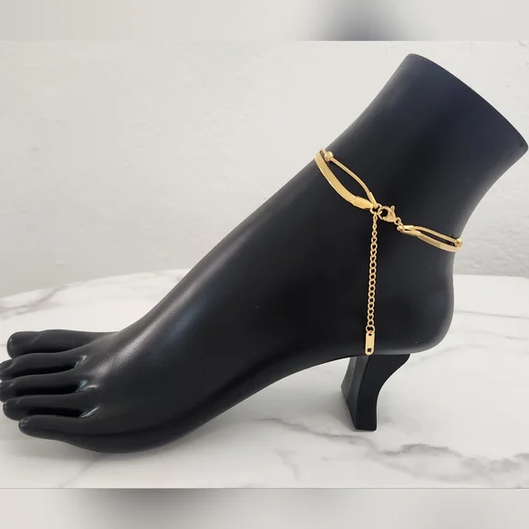 Double Layer Gold Plated Round Beads Blade Anklet - Picture 8 of 13